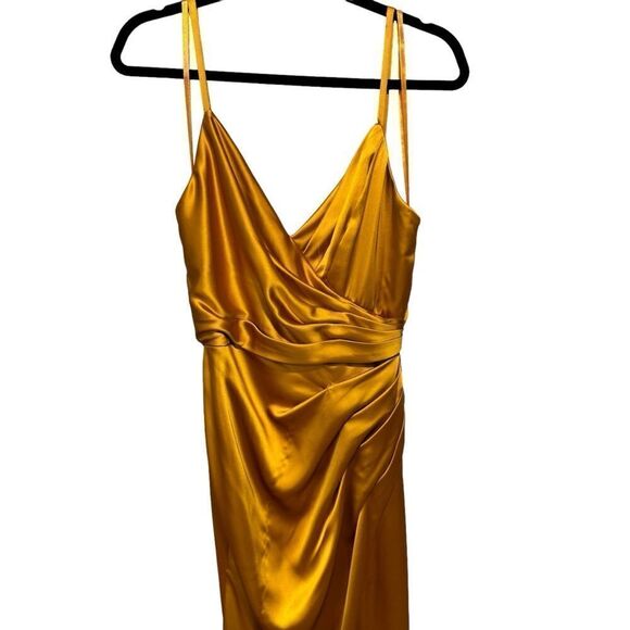 Revolve Mac Duggal Ieena SATIN SLEEVELESS FAUX WRAP RUCHED GOWN in Marigold - Picture 10 of 12